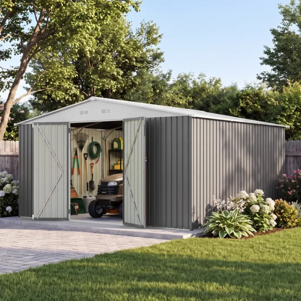 Patiowell 14x12 Metal Shed with Vents & Lockable Door, Gray