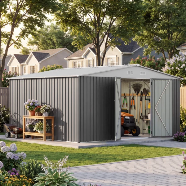 Patiowell 14x12 Metal Shed with Vents & Lockable Door, Gray